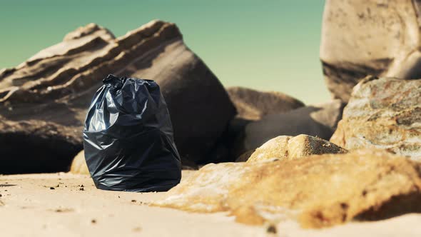 Black Plastic Garbage Bag Full of Trash on the Beach