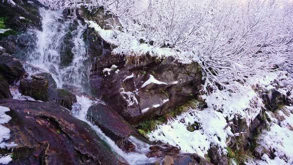 Small Stream Among Wet Stones and White Snow in the Picturesque Carpathian Mountains in Ukraine