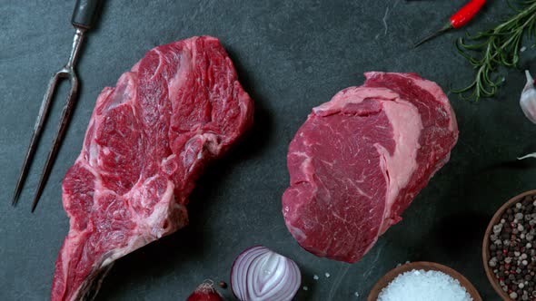 Super Slow Motion Shot of Falling Fresh Meat on Black Stone Table at 1000 Fps