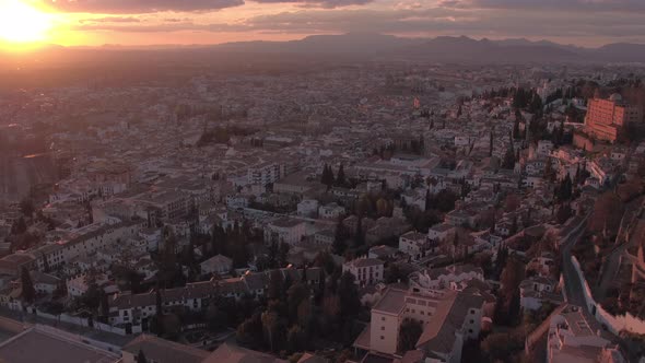 Aerial shot of Granada at sundown alt