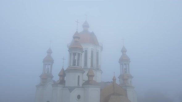 Cathedral In Rivne Aerial Shot In The Fog