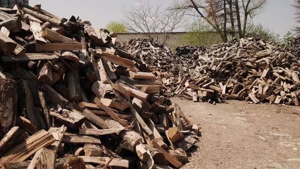 Stack of Chopped Firewood Raw Barked Wood Logs in a Storage