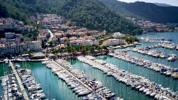 Drone view on beautiful Fethiye city and Fethiye harbor full of yachts and boats