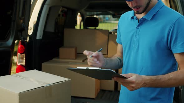 Guy in Uniform Counting Cardboard Boxes in Van and Doing Paperwork Busy with Delivery Service