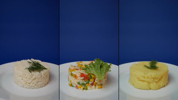 collage of rotation of ready meals. side dishes. restaurant food. healthy, prepared food
