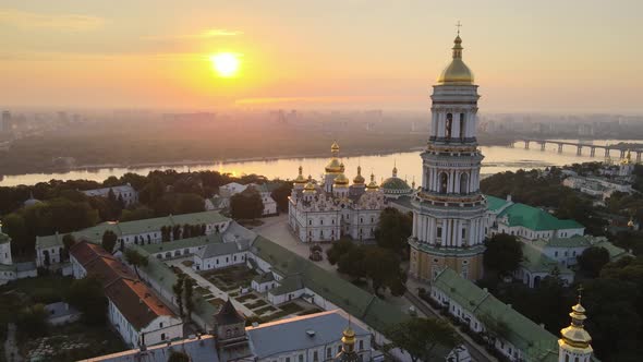 Kyiv-Pechersk Lavra in the Morning at Sunrise. Ukraine. Aerial View