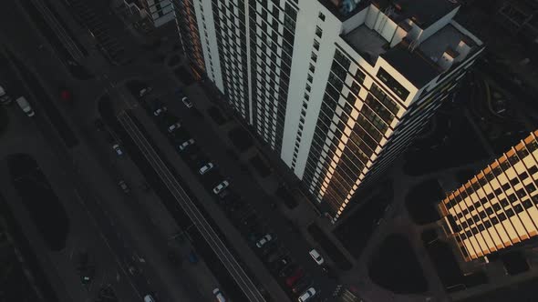 City block construction site. Multi-storey buildings. City landscape at sunrise. Aerial photography.