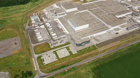 Modern exterior of industrial complex at daytime. Aerial view of manufacturing structure