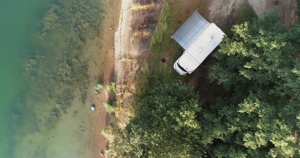 Life Outside Outdoor Recreation View From a Height of a Mobile Home Standing Near a Lake in the