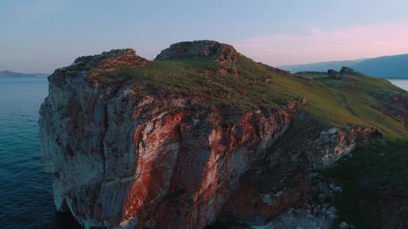 Aerial View of Oltrek Island at Dawn. Lake Baikal in July