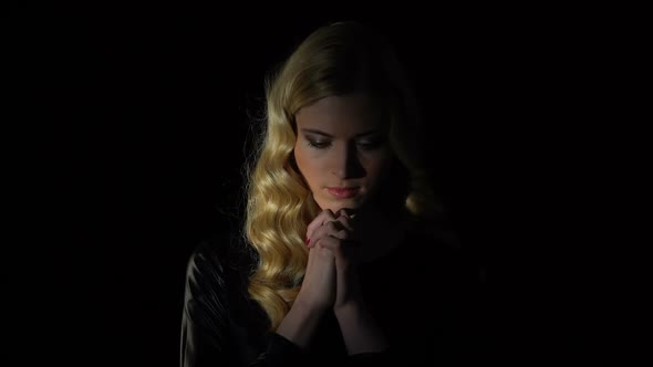 Female Sinner Praying in Dark Room, Looking for Forgiveness, Faith and Belief