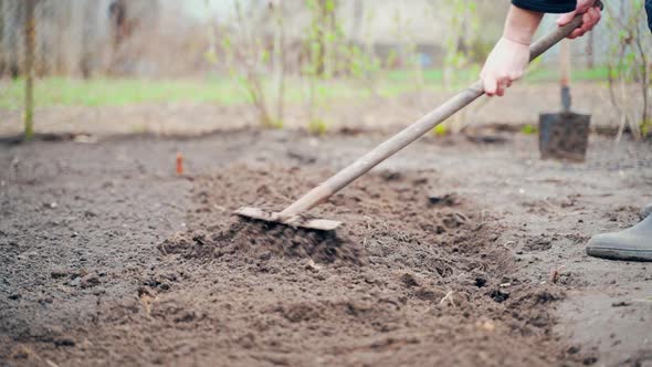 Leveling the Soil in the Garden Beds with a Rake in Slow Motion