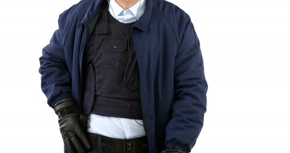 Security guard standing and pointing on white background