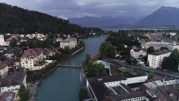 Aerial Pan of Thun City and River Switzerland