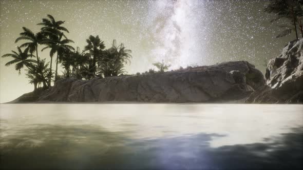 Beautiful Fantasy Tropical Beach with Milky Way Star in Night Skies