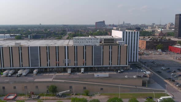 Aerial view of the main United States Post office in near downtown Detroit. This video was filmed in