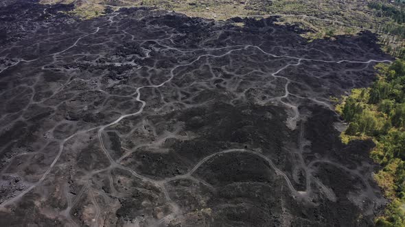 Roads on a Solidified Lava Field Near Volcano Batur in Bali, Indonesia. Aerial View 