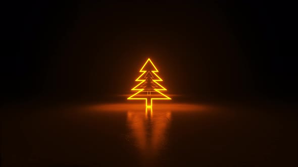 Christmas trees, orange neon glow icon on dark black background