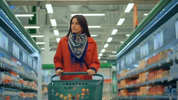 Woman in Red Coat Pushing Trolley in Aisle at Supermarket