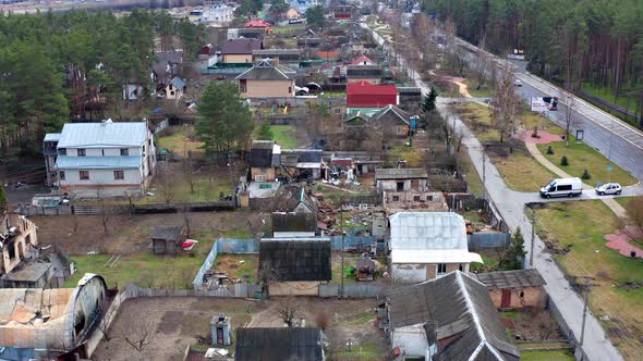 Aerial view of the destroyed and burnt houses. Houses were destroyed by rockets or mines from Russia