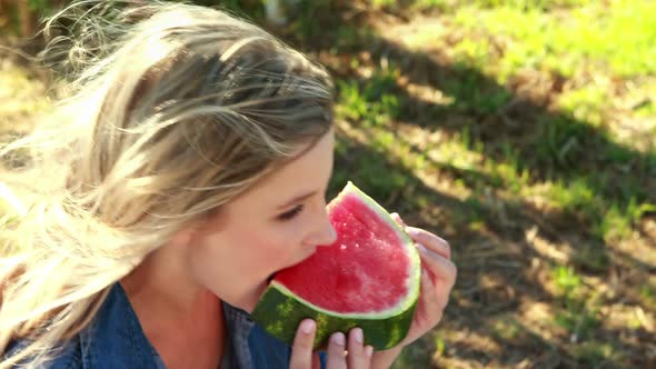 Beautiful woman having watermelon slice in park 4k