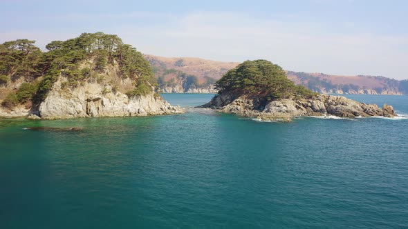 Rocky Island Washed By Waves Covered with Coniferous Trees in a Sea Bay