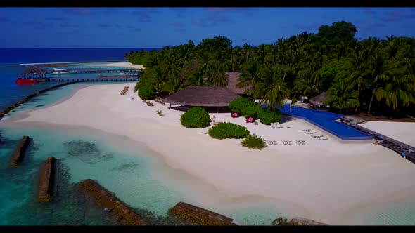 Aerial top view travel of exotic tourist beach voyage by clear lagoon and white sandy background of 