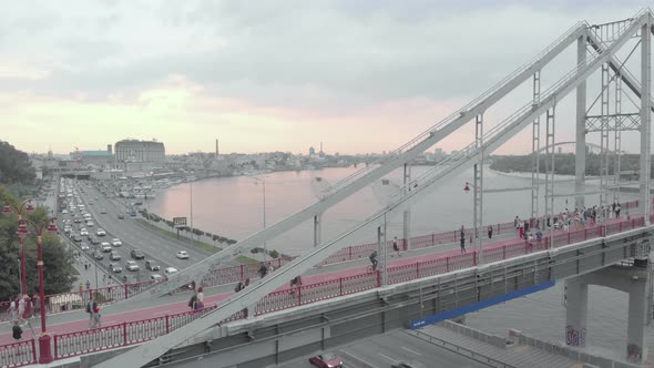 Pedestrian Bridge Over the Dnipro River in Kyiv, Ukraine. Aerial View