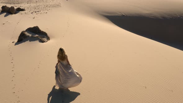 Drone Of Woman Walking On Sandy Beach