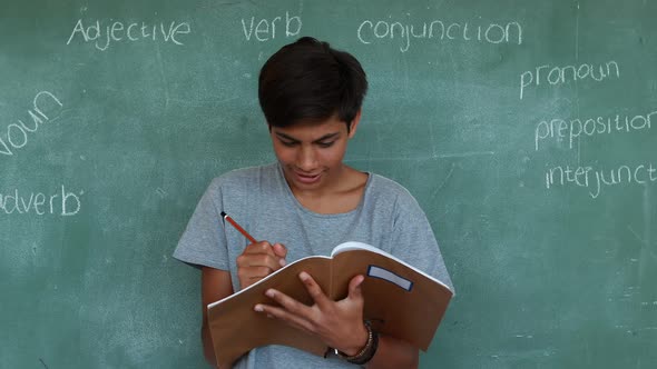 Portrait of schoolboy writing in notebook against green chalkboard