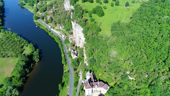 Village of La Roque-Gageac in Perigord in France seen from the sky