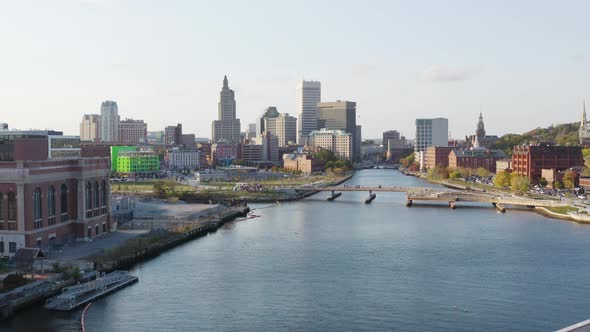 Looking down the river at the city center of Providence, Rhode Island city center and business distr