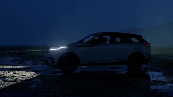 SUV Driving on the Wet Road at Night