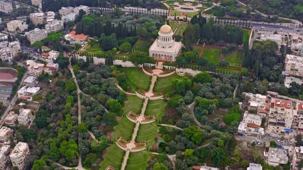 Bahai temple and gardens in Haifa, Israel, 4k aerial drone view