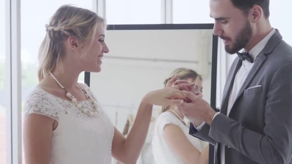 Happy Bride and Groom in Wedding Dress Prepare for Married in Wedding Ceremony