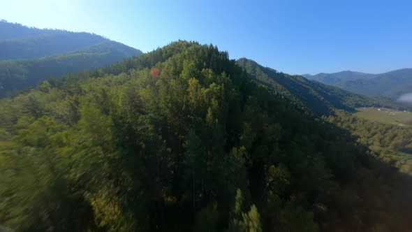 Aerial View Sunny Forest Mountain Ridge Organic Scenery Blue Sky Horizon Mist Village Panorama