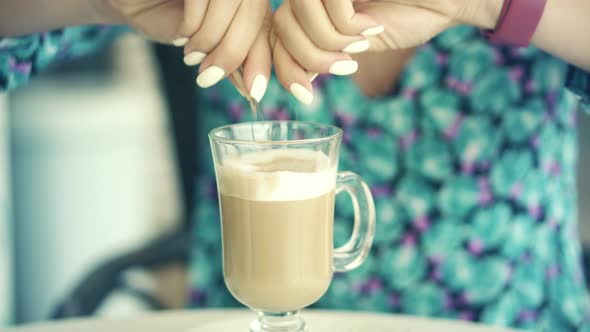 Latte Cappuccino Coffee.Drinking Coffee.Charming Woman Drinking Cup Coffee In Cafeteria.Breakfast.