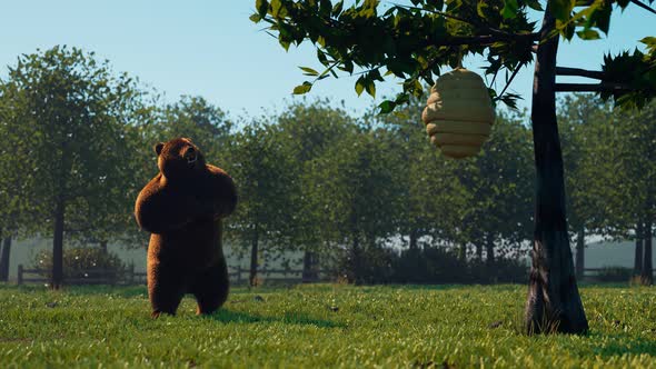 Bear watching on the beehive. Fluffy animal trying to steal honey. Render 4K