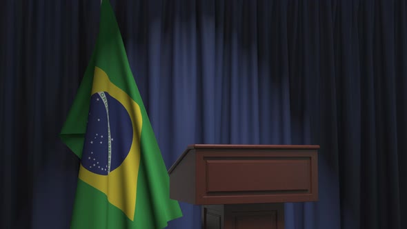 Flag of Brazil and Speaker Podium Tribune