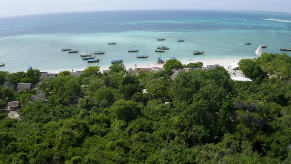 Boats anchored in tropical fishing village harbor beyond rainforest.