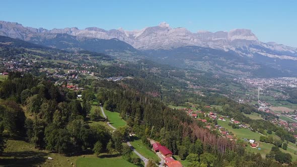 Populated valley and mountain range. Aerial view.