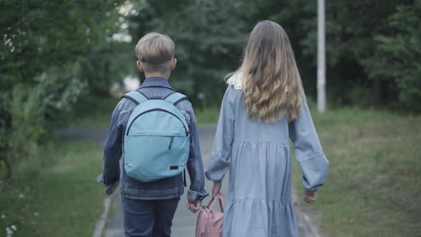 Back View of Two Caucasian Schoolchildren Walking with Backpacks Along Autumn or Spring Alley