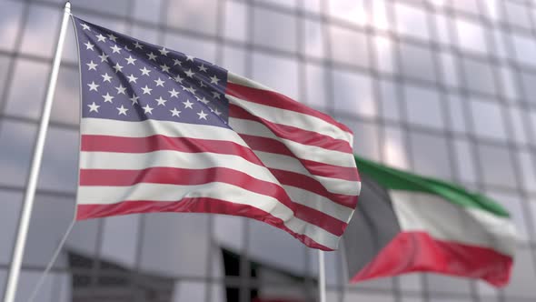 Flying Flags of the USA and Kuwait in Front of a Modern Skyscraper