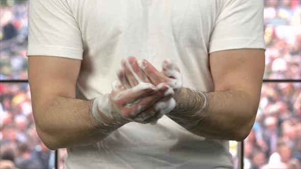 Close Up Young Man Washing His Hands with Soap Foam