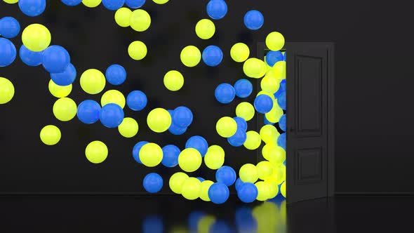 Glowing yellow blue balls fly through the open door