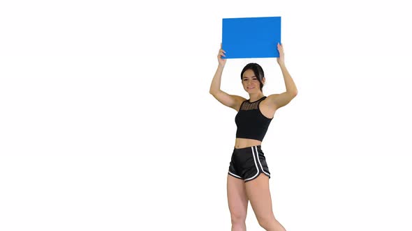 Ring Girl Walking Holding Empty Board Presenting New Round on White Background.