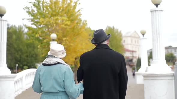 Concept of old age, retirement and people - happy senior couple walking in autumn city park.