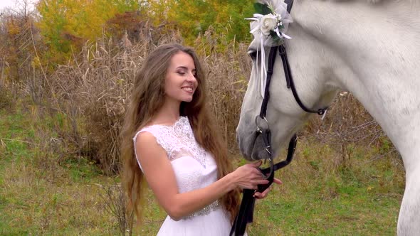 Bride in White Dress Feeding and Stroking Horse. Close Up