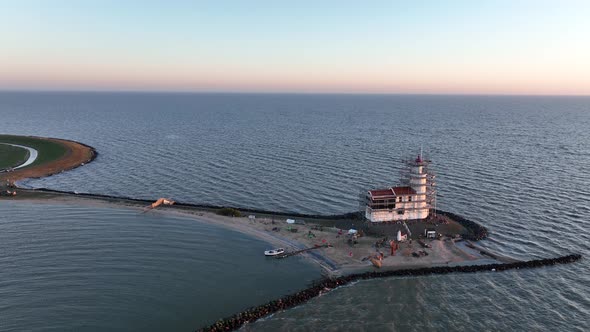 Aerial View of the Paard Van Marken at Sunrise Traditional Historic Monument Lighthouse on the