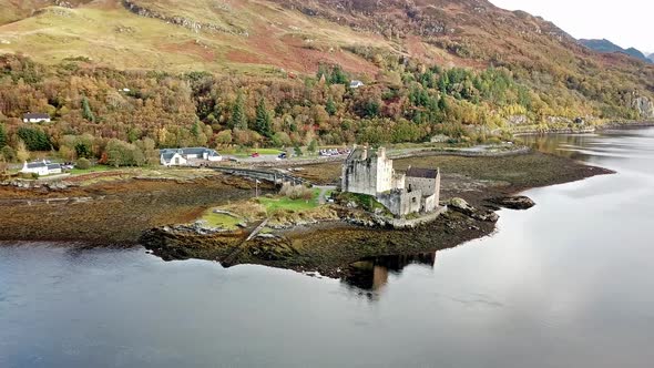 Aerial View of the Historic Eilean Donan Castle By Dornie in Autumn, Scotland